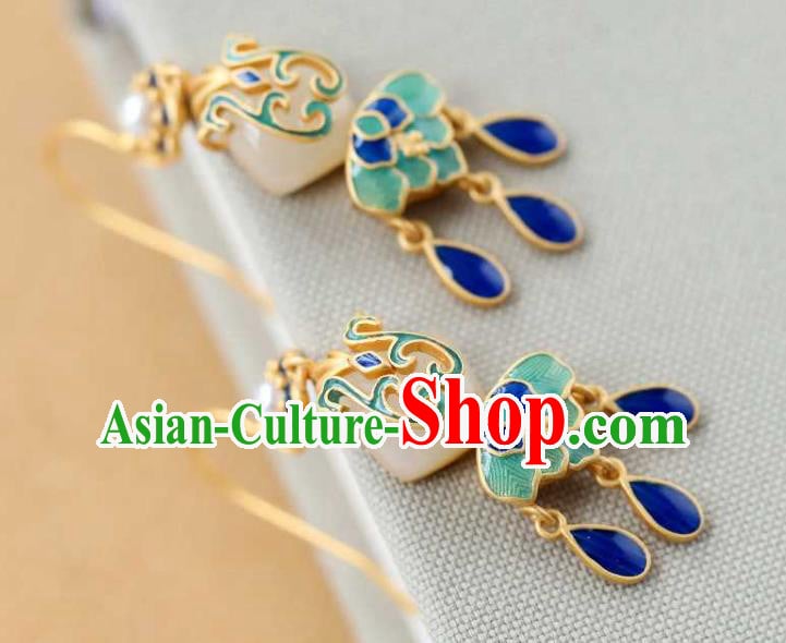 Handmade Chinese Cheongsam Jade Fan Ear Accessories Traditional Qing Dynasty Cloisonne Earrings Handmade Chinese Cheongsam Jade Fan Ear Accessories Traditional Qing Dynasty Cloisonne Earrings