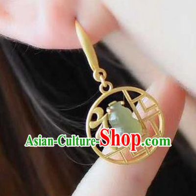 Handmade Chinese Golden Ear Accessories Traditional Cheongsam Jade Gourd Earrings