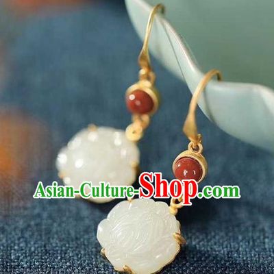 Handmade Chinese White Jade Lotus Ear Accessories Traditional Cheongsam Agate Earrings