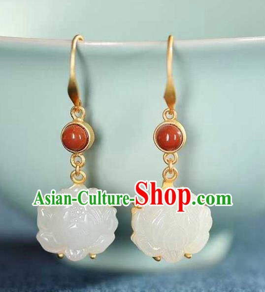Handmade Chinese White Jade Lotus Ear Accessories Traditional Cheongsam Agate Earrings