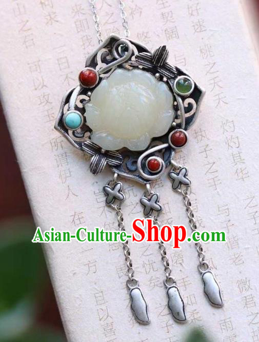 China Classical Cheongsam Silver Tassel Pendant Accessories Traditional Jade Lotus Necklace China Classical Cheongsam Silver Tassel Pendant Accessories Traditional Jade Lotus Necklace