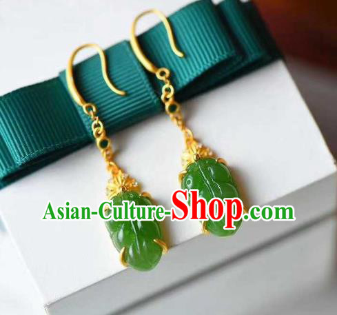 Handmade Chinese Jadeite Leaf Ear Accessories Traditional Cheongsam Golden Earrings Handmade Chinese Jadeite Leaf Ear Accessories Traditional Cheongsam Golden Earrings