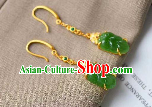 Handmade Chinese Jadeite Leaf Ear Accessories Traditional Cheongsam Golden Earrings Handmade Chinese Jadeite Leaf Ear Accessories Traditional Cheongsam Golden Earrings