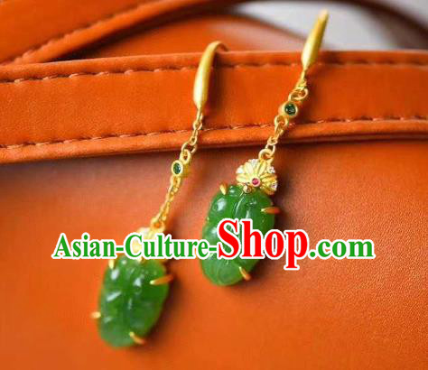 Handmade Chinese Jadeite Leaf Ear Accessories Traditional Cheongsam Golden Earrings Handmade Chinese Jadeite Leaf Ear Accessories Traditional Cheongsam Golden Earrings