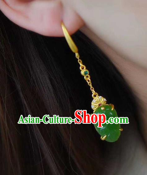 Handmade Chinese Jadeite Leaf Ear Accessories Traditional Cheongsam Golden Earrings Handmade Chinese Jadeite Leaf Ear Accessories Traditional Cheongsam Golden Earrings
