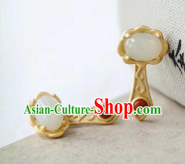 Handmade Chinese Golden Ear Accessories Traditional Cheongsam Hetian Jade Earrings Handmade Chinese Golden Ear Accessories Traditional Cheongsam Hetian Jade Earrings