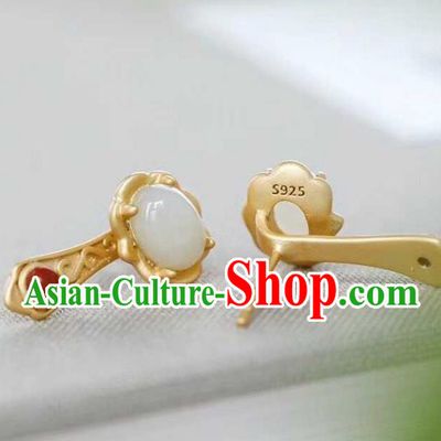 Handmade Chinese Golden Ear Accessories Traditional Cheongsam Hetian Jade Earrings