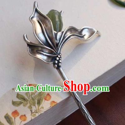 China Classical Silver Hair Stick Traditional Hair Accessories Handmade Jade Mangnolia Hairpin