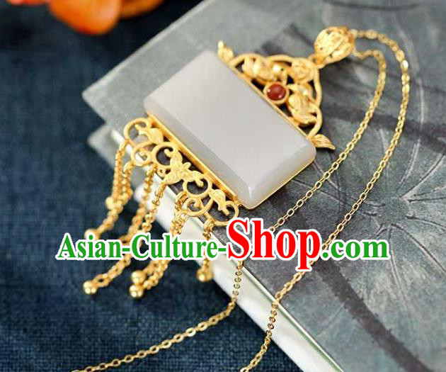China Classical Cheongsam Golden Tassel Pendant Accessories Traditional White Jade Necklace China Classical Cheongsam Golden Tassel Pendant Accessories Traditional White Jade Necklace
