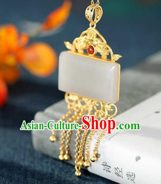 China Classical Cheongsam Golden Tassel Pendant Accessories Traditional White Jade Necklace China Classical Cheongsam Golden Tassel Pendant Accessories Traditional White Jade Necklace
