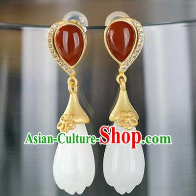 Handmade Chinese Agate Ear Accessories Traditional Cheongsam Jade Mangnolia Earrings