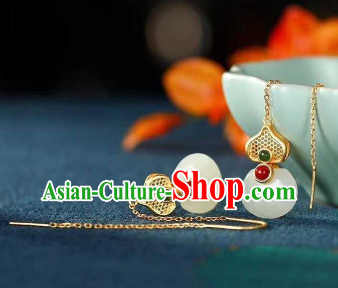 Handmade Chinese Golden Gems Ear Accessories Traditional Cheongsam Jade Gourd Earrings