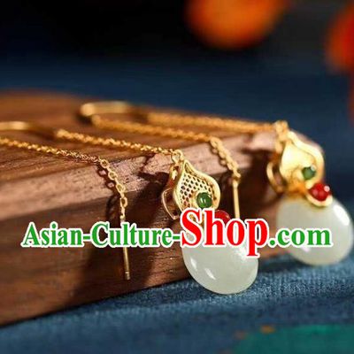 Handmade Chinese Golden Gems Ear Accessories Traditional Cheongsam Jade Gourd Earrings