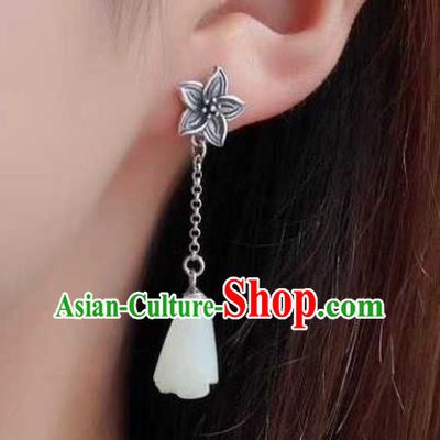 Handmade Chinese White Jade Ear Accessories Traditional Cheongsam Silver Lily Flower Earrings