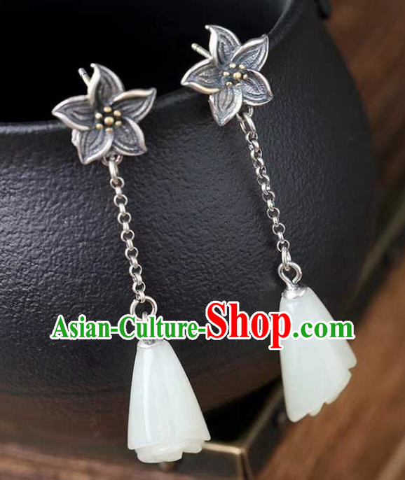 Handmade Chinese White Jade Ear Accessories Traditional Cheongsam Silver Lily Flower Earrings Handmade Chinese White Jade Ear Accessories Traditional Cheongsam Silver Lily Flower Earrings