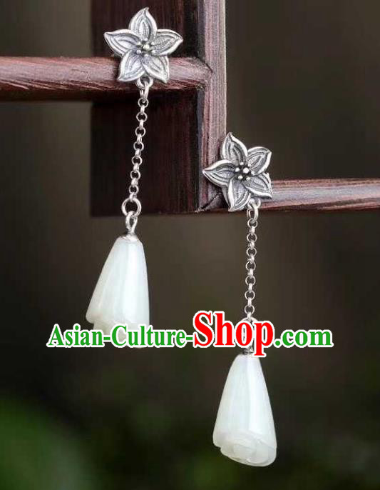 Handmade Chinese White Jade Ear Accessories Traditional Cheongsam Silver Lily Flower Earrings Handmade Chinese White Jade Ear Accessories Traditional Cheongsam Silver Lily Flower Earrings