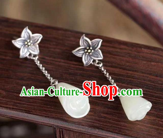 Handmade Chinese White Jade Ear Accessories Traditional Cheongsam Silver Lily Flower Earrings Handmade Chinese White Jade Ear Accessories Traditional Cheongsam Silver Lily Flower Earrings