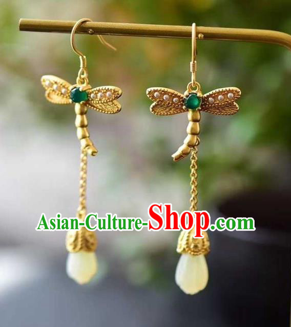 Handmade Chinese Jade Mangnolia Ear Accessories Traditional Cheongsam Golden Dragonfly Earrings Handmade Chinese Jade Mangnolia Ear Accessories Traditional Cheongsam Golden Dragonfly Earrings
