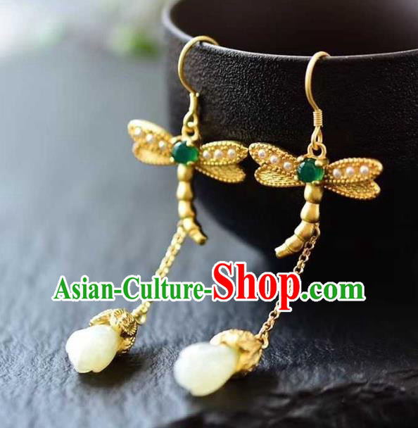 Handmade Chinese Jade Mangnolia Ear Accessories Traditional Cheongsam Golden Dragonfly Earrings Handmade Chinese Jade Mangnolia Ear Accessories Traditional Cheongsam Golden Dragonfly Earrings