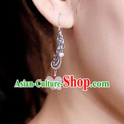 Handmade Chinese Silver Phoenix Ear Accessories Traditional Cheongsam Jade Butterfly Earrings