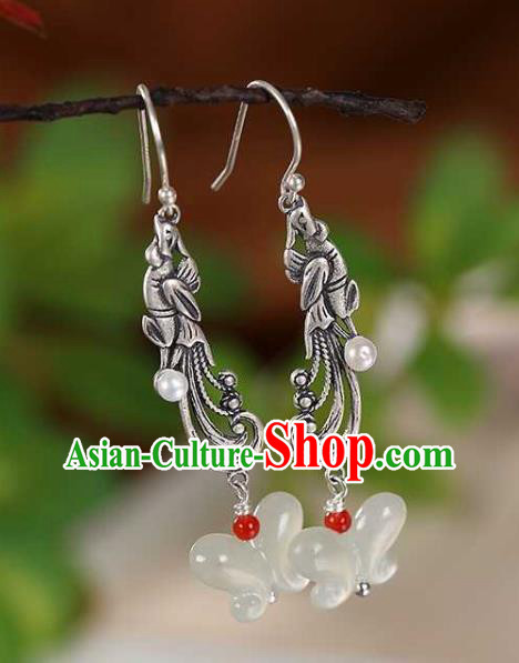 Handmade Chinese Silver Phoenix Ear Accessories Traditional Cheongsam Jade Butterfly Earrings Handmade Chinese Silver Phoenix Ear Accessories Traditional Cheongsam Jade Butterfly Earrings