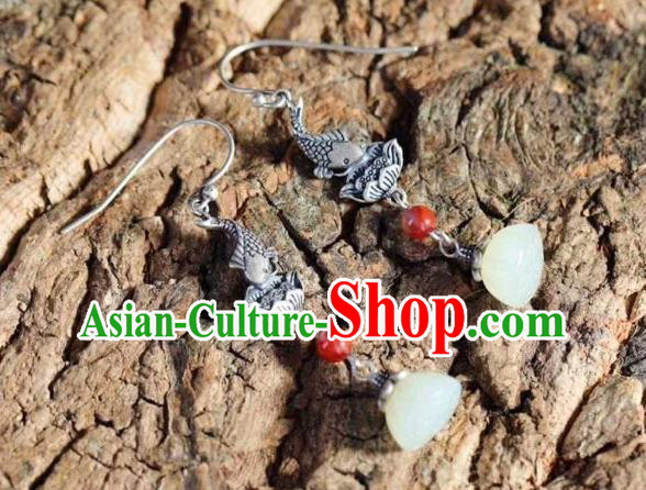 Handmade Chinese Silver Lotus Fish Ear Accessories Traditional Cheongsam Jade Tassel Earrings Handmade Chinese Silver Lotus Fish Ear Accessories Traditional Cheongsam Jade Tassel Earrings