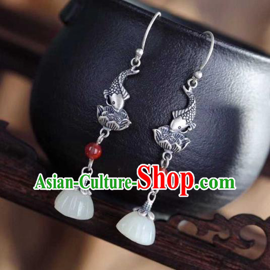 Handmade Chinese Silver Lotus Fish Ear Accessories Traditional Cheongsam Jade Tassel Earrings Handmade Chinese Silver Lotus Fish Ear Accessories Traditional Cheongsam Jade Tassel Earrings