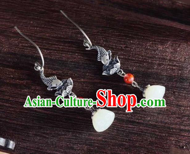 Handmade Chinese Silver Lotus Fish Ear Accessories Traditional Cheongsam Jade Tassel Earrings Handmade Chinese Silver Lotus Fish Ear Accessories Traditional Cheongsam Jade Tassel Earrings