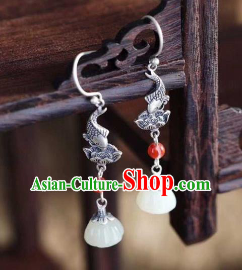 Handmade Chinese Silver Lotus Fish Ear Accessories Traditional Cheongsam Jade Tassel Earrings Handmade Chinese Silver Lotus Fish Ear Accessories Traditional Cheongsam Jade Tassel Earrings