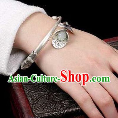 China Classical Cheongsam Silver Carving Bracelet Accessories Traditional Jade Mangnolia Bangle Jewelry