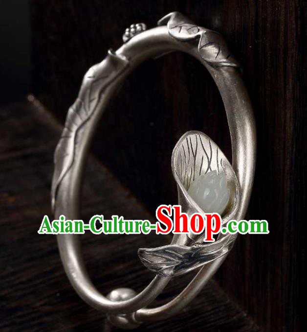 China Classical Cheongsam Silver Carving Bracelet Accessories Traditional Jade Mangnolia Bangle Jewelry China Classical Cheongsam Silver Carving Bracelet Accessories Traditional Jade Mangnolia Bangle Jewelry