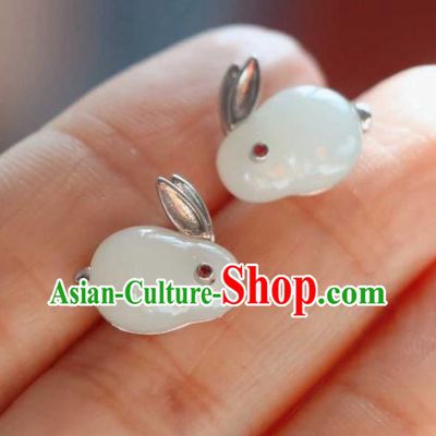 Handmade Chinese Hetian Jade Rabbit Ear Accessories Traditional Silver Earrings