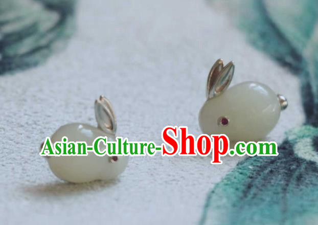 Handmade Chinese Hetian Jade Rabbit Ear Accessories Traditional Silver Earrings Handmade Chinese Hetian Jade Rabbit Ear Accessories Traditional Silver Earrings