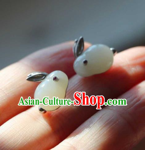 Handmade Chinese Hetian Jade Rabbit Ear Accessories Traditional Silver Earrings Handmade Chinese Hetian Jade Rabbit Ear Accessories Traditional Silver Earrings