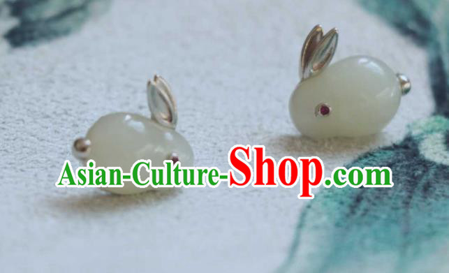 Handmade Chinese Hetian Jade Rabbit Ear Accessories Traditional Silver Earrings Handmade Chinese Hetian Jade Rabbit Ear Accessories Traditional Silver Earrings