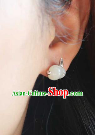 Handmade Chinese Hetian Jade Rabbit Ear Accessories Traditional Silver Earrings Handmade Chinese Hetian Jade Rabbit Ear Accessories Traditional Silver Earrings