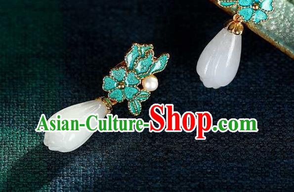 Handmade Chinese Jade Mangnolia Ear Accessories Traditional Cheongsam Cloisonne Earrings Handmade Chinese Jade Mangnolia Ear Accessories Traditional Cheongsam Cloisonne Earrings