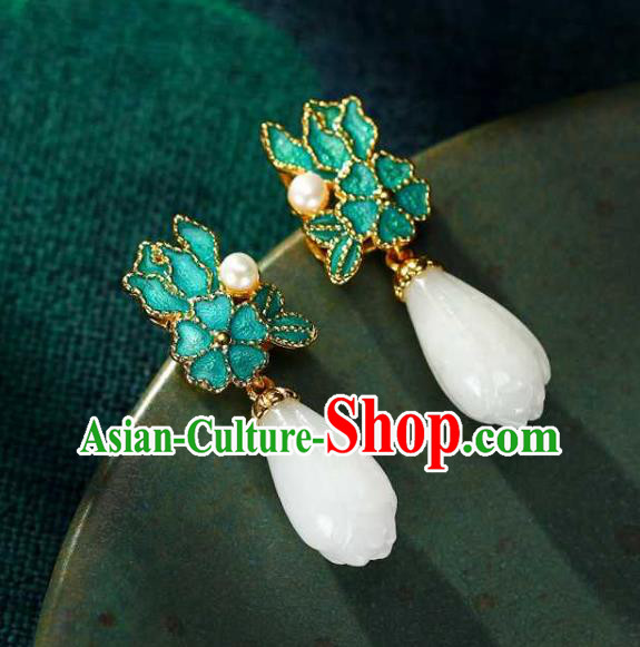 Handmade Chinese Jade Mangnolia Ear Accessories Traditional Cheongsam Cloisonne Earrings Handmade Chinese Jade Mangnolia Ear Accessories Traditional Cheongsam Cloisonne Earrings