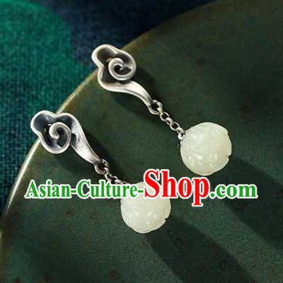Chinese Traditional Cheongsam Jade Lotus Earrings Handmade National Silver Cloud Ear Accessories