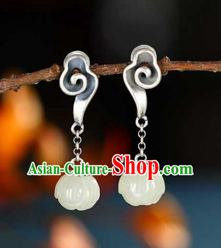 Chinese Traditional Cheongsam Jade Lotus Earrings Handmade National Silver Cloud Ear Accessories Chinese Traditional Cheongsam Jade Lotus Earrings Handmade National Silver Cloud Ear Accessories