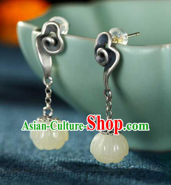 Chinese Traditional Cheongsam Jade Lotus Earrings Handmade National Silver Cloud Ear Accessories Chinese Traditional Cheongsam Jade Lotus Earrings Handmade National Silver Cloud Ear Accessories