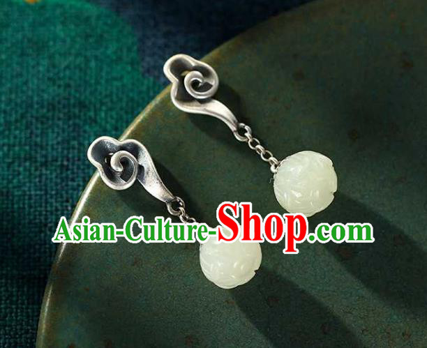 Chinese Traditional Cheongsam Jade Lotus Earrings Handmade National Silver Cloud Ear Accessories Chinese Traditional Cheongsam Jade Lotus Earrings Handmade National Silver Cloud Ear Accessories