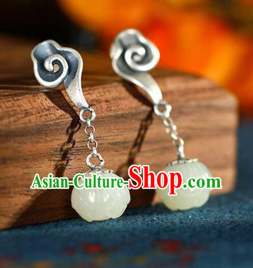 Chinese Traditional Cheongsam Jade Lotus Earrings Handmade National Silver Cloud Ear Accessories Chinese Traditional Cheongsam Jade Lotus Earrings Handmade National Silver Cloud Ear Accessories