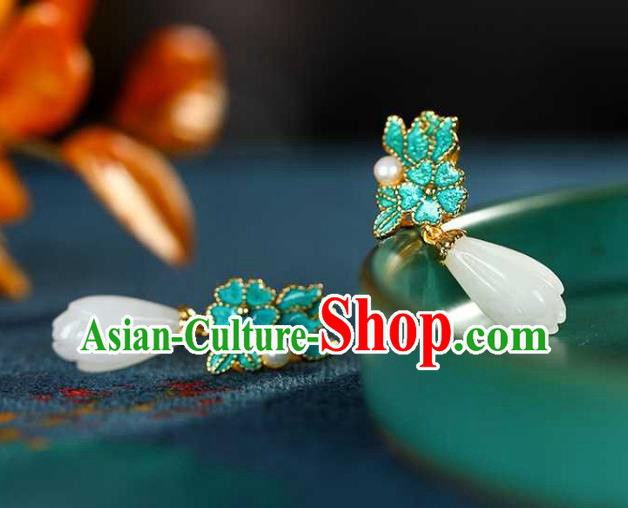 Handmade Chinese Jade Mangnolia Ear Accessories Traditional Cheongsam Cloisonne Earrings Handmade Chinese Jade Mangnolia Ear Accessories Traditional Cheongsam Cloisonne Earrings