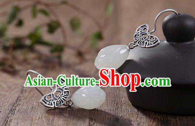 Handmade Chinese Silver Ear Accessories Traditional Cheongsam Jade Mangnolia Earrings Handmade Chinese Silver Ear Accessories Traditional Cheongsam Jade Mangnolia Earrings