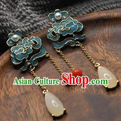 Chinese Traditional Qing Dynasty Palace Earrings Handmade Hanfu Jade Tassel Ear Accessories