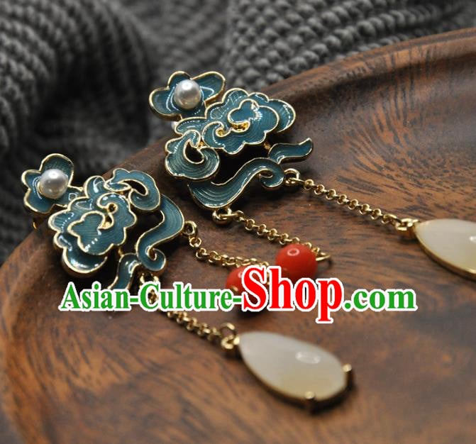 Chinese Traditional Qing Dynasty Palace Earrings Handmade Hanfu Jade Tassel Ear Accessories Chinese Traditional Qing Dynasty Palace Earrings Handmade Hanfu Jade Tassel Ear Accessories