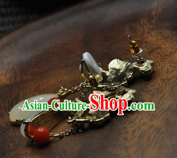 Chinese Traditional Qing Dynasty Palace Earrings Handmade Hanfu Jade Tassel Ear Accessories Chinese Traditional Qing Dynasty Palace Earrings Handmade Hanfu Jade Tassel Ear Accessories