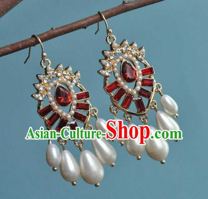 Chinese Traditional Red Crystal Earrings Handmade Cheongsam Pearls Ear Accessories