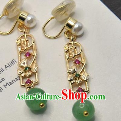 Chinese Classical Cheongsam Golden Ear Accessories Traditional Chrysoprase Bead Earrings